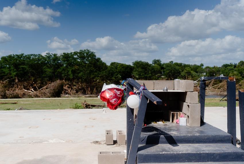 A makeshift memorial was placed where a house was swept away by the floods in Kerrville on Thursday July 10, 2025.