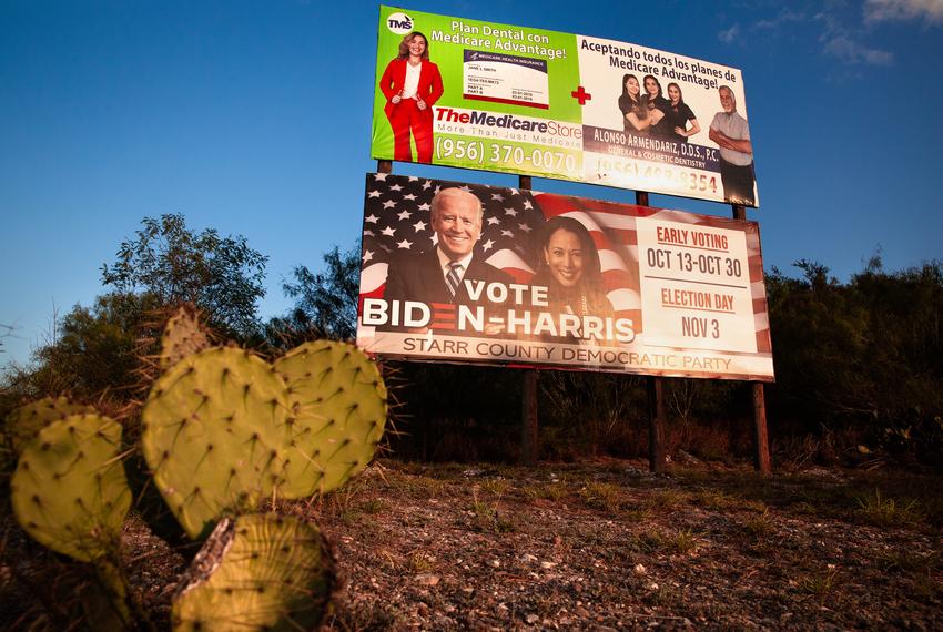 Billboards in front of the old Blas Chapa house. Rio Grande City on Nov. 11, 2020