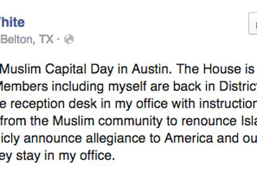 Screenshot of the Facebook post of state Rep. Molly White, R-Belton, on Jan. 29, 2015.