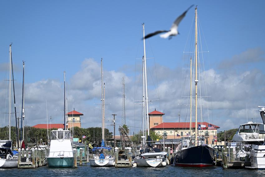 The Rockport City Hall Building (left) and the newly-built Aransas County Courthouse (right) can be seen over the boats docked in the Rockport Harbor.