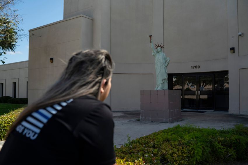 Geovanna Galván, 29, waits for her dad outside of the immigration offices in Harlingen, Texas on March 12, 2025.
Gabriel V. Cárdenas for The Texas Tribune