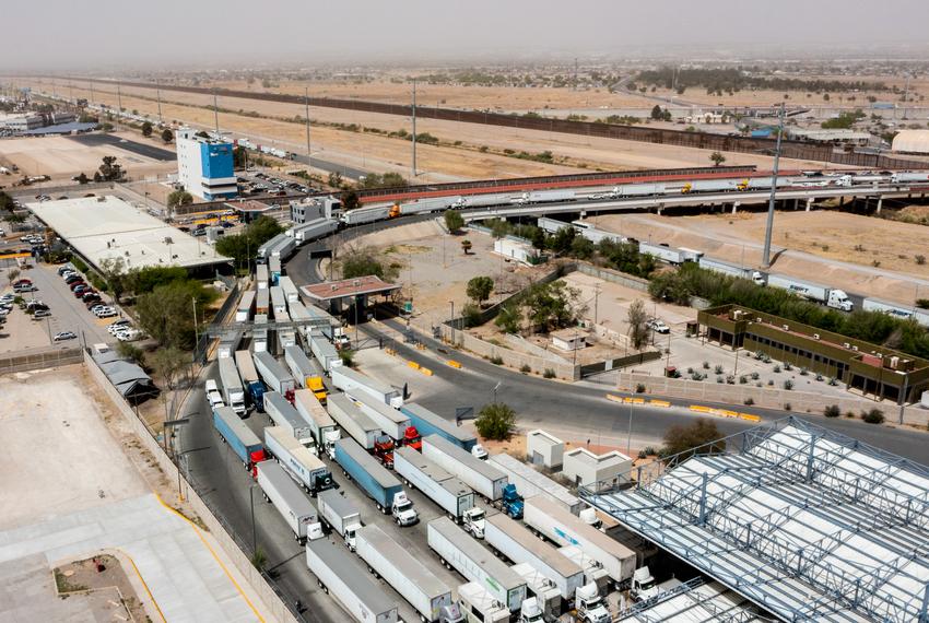 Hundreds of semi trucks headed southbound into Mexico are seen at a standstill at the Ysleta Port of Entry, Tuesday, April 12, 2022, in Juarez, Mexico. Truck drivers are protesting Greg Abbott's decision to have state troopers inspect northbound commercial vehicles one at a time. At this port, trucks are not flowing into Mexico to pickup more products and also not flowing into the U.S. to deliver those products. Photo by Ivan Pierre Aguirre for The Texas Tribune