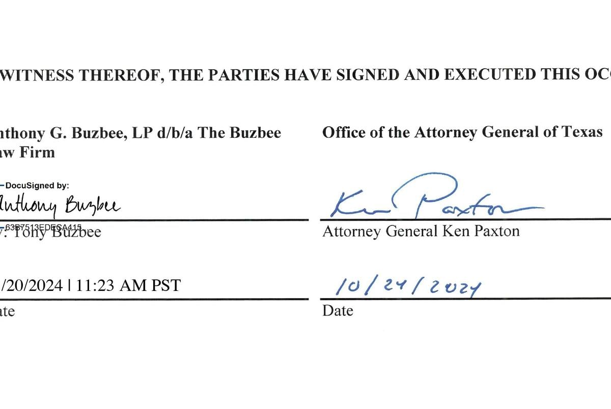 A page from an outside counsel contract, signed by both Buzbee and Paxton, shows The Buzbee Law Firm was hired to represent the state in litigation against BlackRock Inc., State Street Corp. and The Vanguard Group Inc.