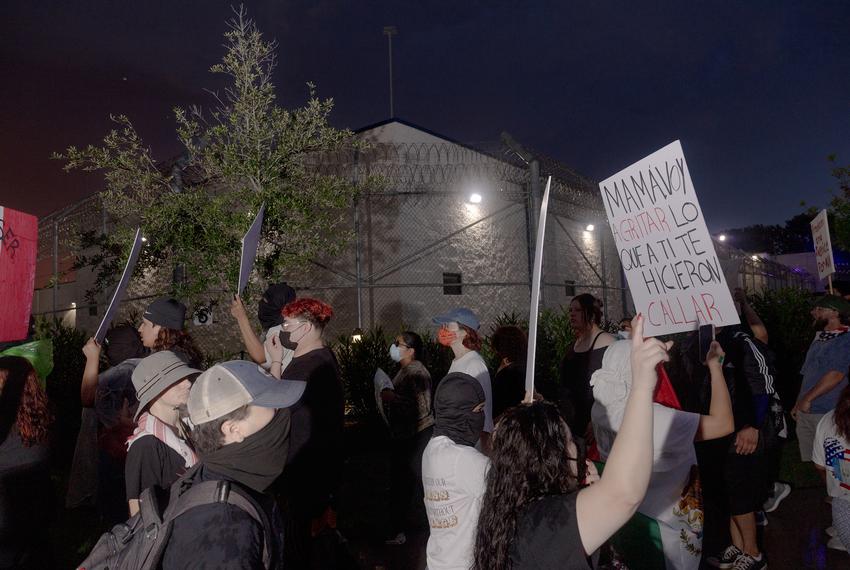 People chant and wave flags during a picket line outside of the Core Civic Processing Center where Margarita Avila and others are being detained, Friday, June 13, 2025, in Houston.

(Lexi Parra for The Texas Tribune)