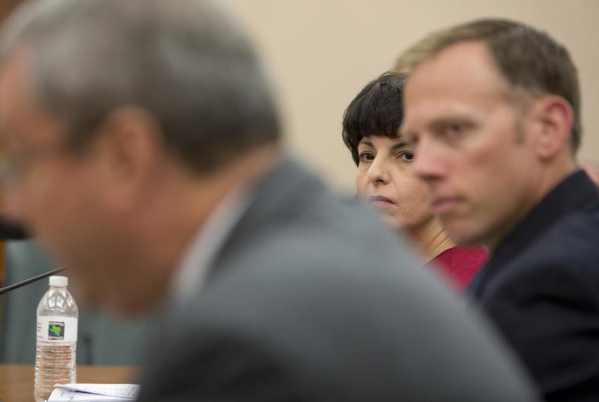 Texas Railroad Commissioners Christi Craddick, center, and Ryan Sitton, right, during a Sunset Advisory Committee hearing on Aug. 22, 2016.