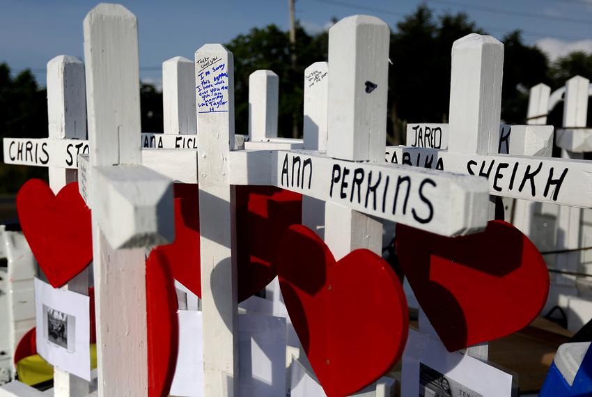 Crosses bearing the name of of the victims killed in a shooting at Santa Fe High School are seen in Santa Fe, Texas, U.S., May 21, 2018.