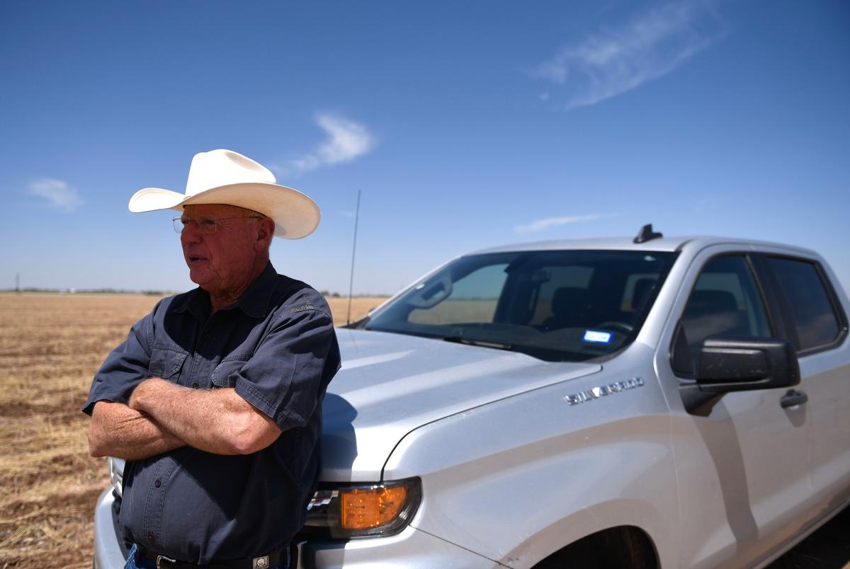 Walt Hagood leans on his truck on his cotton farm in Wolfforth on May 12, 2025. .