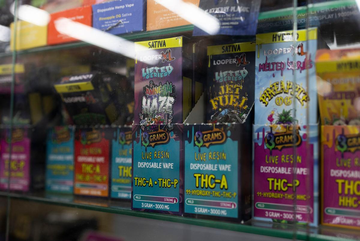 THC products sit near the cash register in Hyde Park Market in Austin, Texas on May 5, 2025. Texas Lt. Gov. Dan Patrick has partnered with the senate in pursuing a complete ban on THC products across the state.