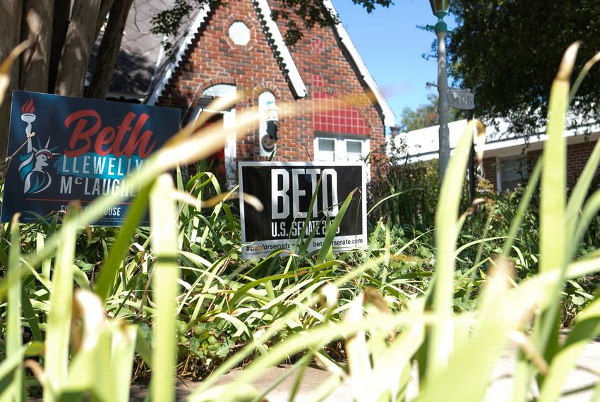 A sign for Democrat Beto O'Rourke in front of a home in the Bluebonnet Place neighborhood of Fort Worth near Texas Christian University on August 28, 2018.