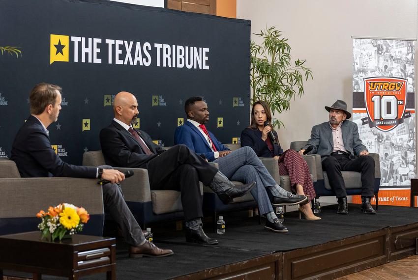 Andrea Figueroa Benton, NextDecade/Rio Grande LNG director of community relations, speaks during a panel discussion led by The Texas Tribune Editor-in-chief Matthew Watkins at UTRGV in Brownsville on Sept. 25, 2025. From left: Watkins; Guy Bailey, president of The University of Texas Rio Grande Valley; LJ Francis, member of the Texas State Board of Education; Figueroa Benton; and Gilberto Salinas, chief strategy consultant, GilSalinas Ecodevo Concepts.