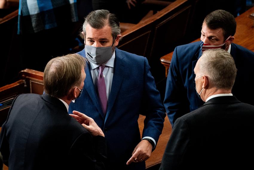 U.S. Sen. Ted Cruz, R-Texas, talks with House members during a joint session of Congress to certify the 2020 Electoral College results on Capitol Hill in Washington, D.C., on Jan. 6, 2021.