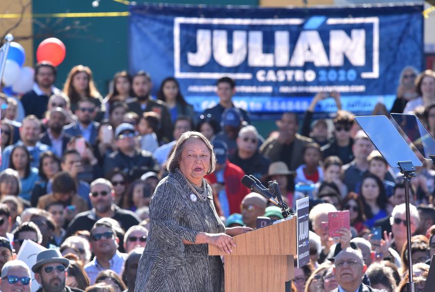 Rosie Castro, San Antonio political activist and mother of Julián and Joaquin Castro,   speaks before introducing her son, Julián Castro, on Jan. 12, 2019. The former San Antonio mayor and secretary of House and Urban Development in the Obama administration announced he is a candidate for the 2020 Democratic Presidential nomination.