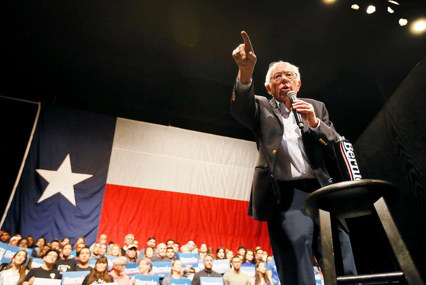 Democratic presidential candidate Bernie Sanders addresses supporters at a campaign rally at the Abraham Chavez Theatre in El Paso on Feb. 22, 2020.