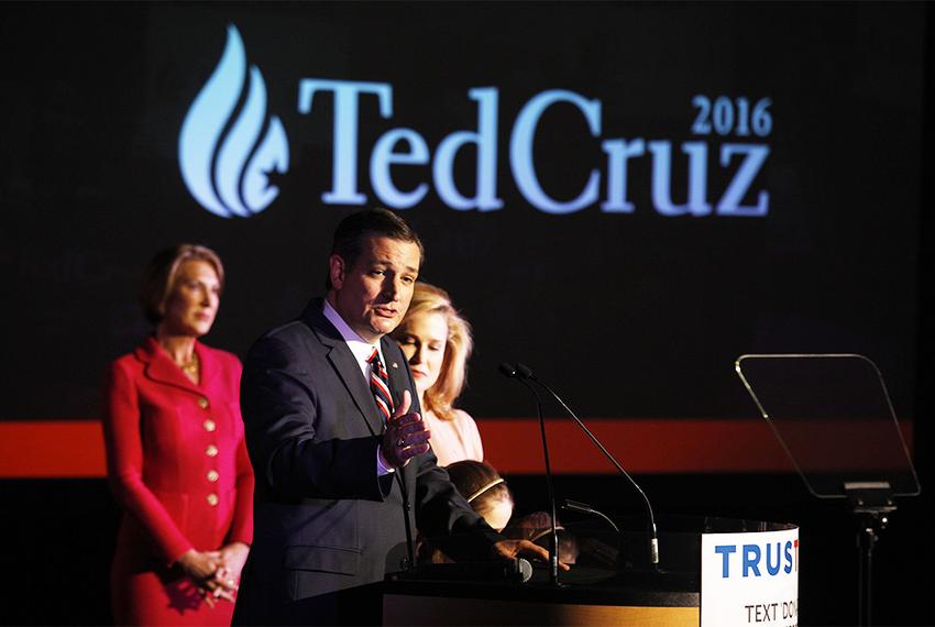 Ted Cruz on stage at his election night party on March 15, 2016, in Houston.