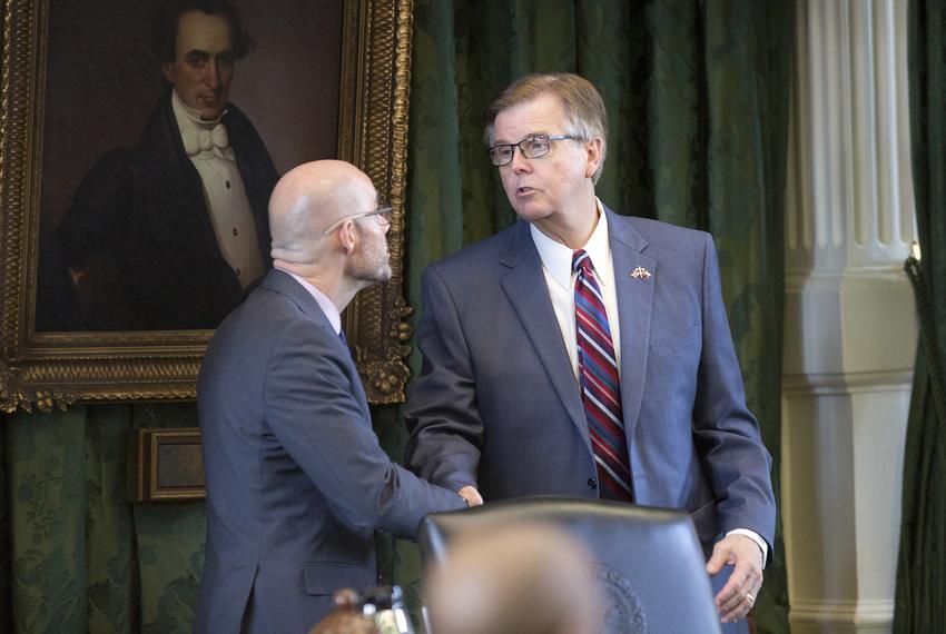 State Rep. Dennis Bonnen, R-Angleton, meets with Lt. Gov. Dan Patrick in the Senate chamber on May 25, 2017.