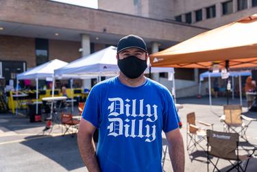 Ryan Lepper, owner of Horn-Ball Texas Tailgaters, poses outside his arrangement of tents for the University of Texas home opener vs. UTEP on Sept. 12, 2020.
