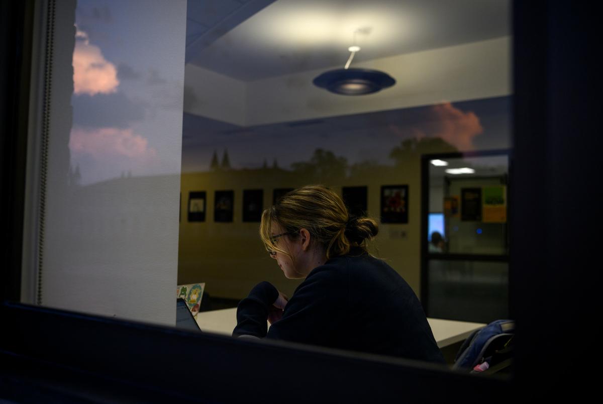 A student studies in Rayzor Hall on the campus of Rice University in Houston on Sept. 26, 2023.