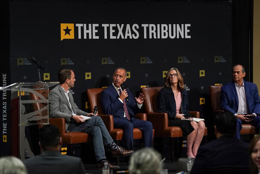 The Texas Tribune hosts a discussion about the RGV's Economic Miracle in Edinburg on Sept. 24, 2024. From left: Matthew Watkins, Editor in Chief of the Tribune; Ramiro Garza, Jr., mayor of Edinburg;  Julia Coronado , president and founder at MacroPolicy Perspectives LLC and member of the Federal Reserve Bank of Dallas Academic Advisory Council; and Mario Reyna, executive director of Rioplex.