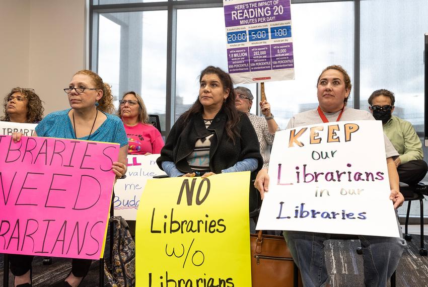 A group of librarians advocated for their jobs during an SAISD board meeting in March. Dozens of librarian positions have been eliminated as the district seeks to cut costs.