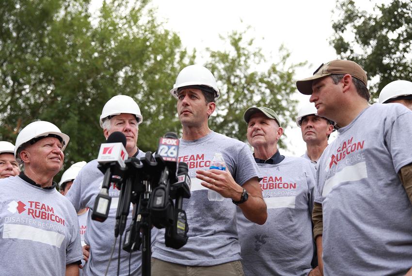 Members of the Texas congressional delegation listen as House Speaker Paul Ryan, R-Wisconsin, talks about Harvey recovery efforts at a press conference in Friendswood on Sept. 21, 2017.