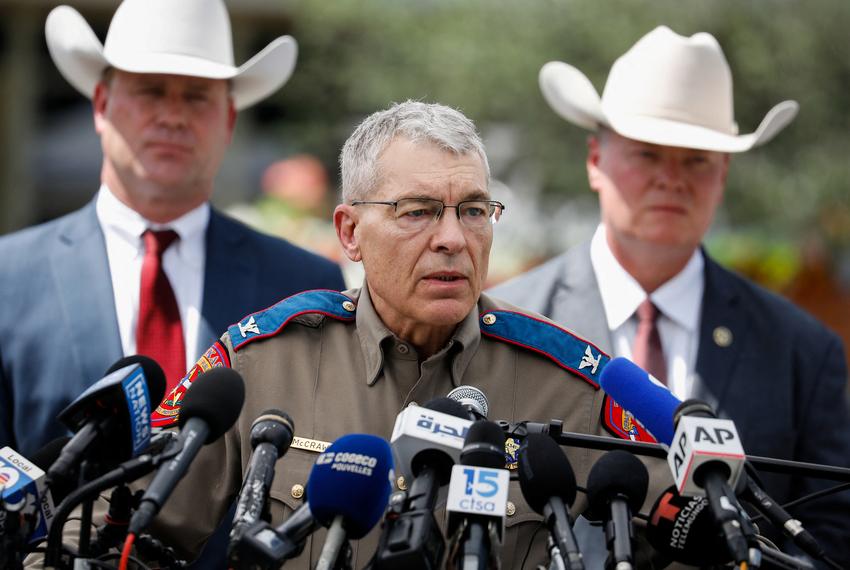 Steve McCraw, director of the Texas Department of Public Safety, speaks during a news conference outside Robb Elementary Sch…