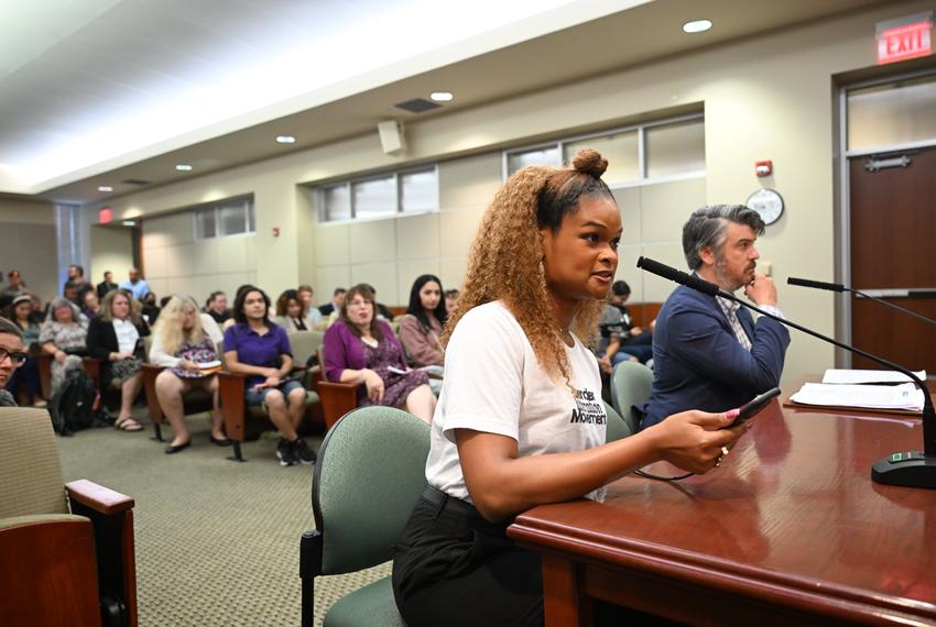 Activist Raquel Willis of the Gender Liberation Movement testifies against HB 8 in THe House State Affairs Committee meeting on August 22, 2025.