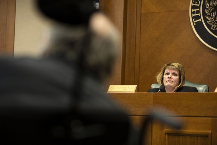 State Rep. Stephanie Klick, R-Fort Worth, listens to testimony on Senate Bill 9  from Mark Cundall with Rev Up Texas. Cundall spoke in opposition to the bill, specifically the language regarding people with disabilities. May 15, 2019. 