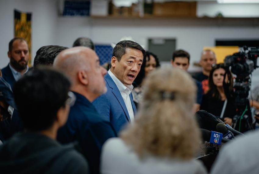 Texas House Democratic Caucus Chair Gene Wu speaks during a press conference alongside dozens of fellow Texas lawmakers and Illinois Gov. J.B. Pritzker in Carol Stream, Ill., on Sunday, Aug. 3, 2025.