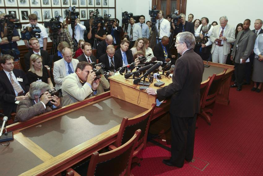 House Speaker Tom Craddick holds a press conference during the Texas House Democratic walkout from May 12-13, 2003, at the 78th session of the Texas Legislature.