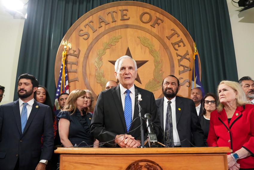 U.S. Rep. Lloyd Doggett of Austin speaks during a press conference with Texas Democratic leaders  at the Texas Capitol on July 31, 2025.   Democrats are fighting mid-decade Republican  redistricting efforts influenced by President Donald Trump.  Left to right are U.S. Representatives Lloyd Doggett of Austin, Greg Casar of Austin, Lizzie Fletcher of Houston, Al Green of Houston and Sylvia Garcia of Houston.
