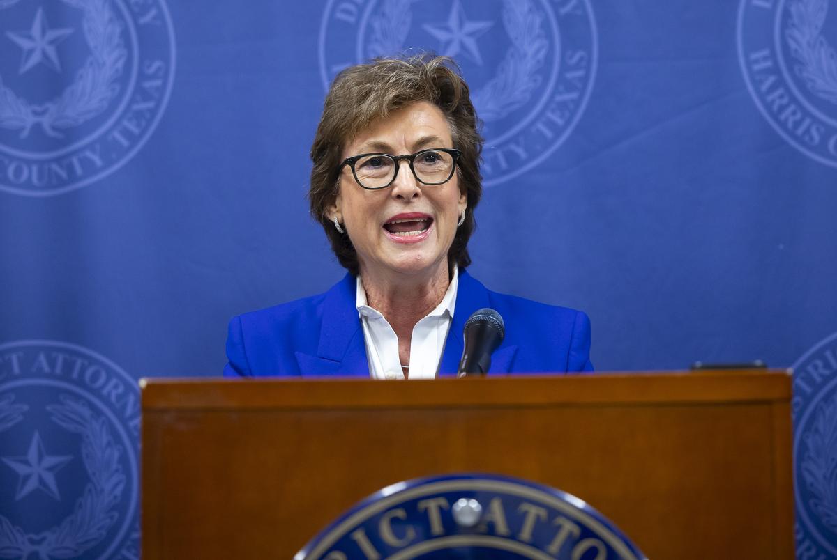 Harris County District Attorney Kim Ogg speaks at a press conference at the Harris County Criminal Justice Center in Houston on Thursday, April 25, 2024.