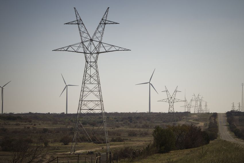 Transmission lines near Sweetwater that will connect windy regions of the state to major population centers.