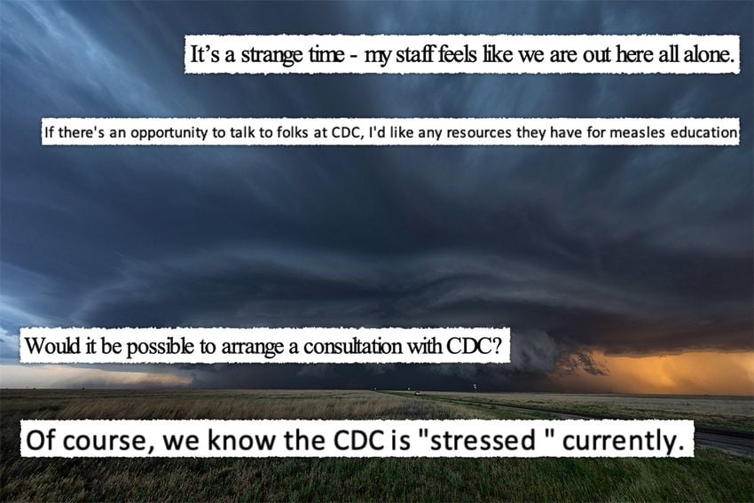 As a measles outbreak exploded in Texas in February, local health officials struggled to reach CDC scientists who were grappling with changes under the new Trump administration, according to interviews and emails obtained by KFF Health News. The first three clips above are excerpts of emails from Katherine Wells, the public health director in Lubbock, Texas. The bottom clip is from Scott Milton, at the Texas Department of State Health Services. (KFF Health News illustration; 500Px Plus; photo of Lubbock, Texas, from Getty Images)