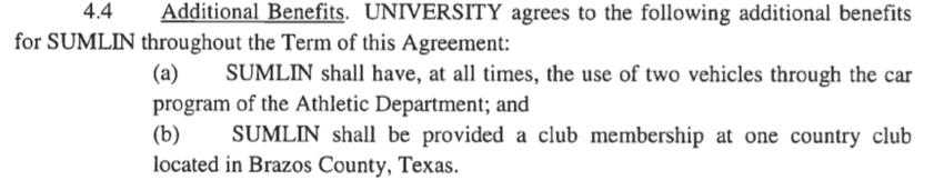 Screenshot of then-head football coach Kevin Sumlin's contract with Texas A&M University, for the term beginning January 1, 2015. It was provided to The Texas Tribune through an open records request.