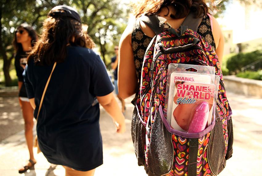 Cocks Not Glocks members pass out 4,000 dildos before their rally against newly-enacted campus carry laws at UT -Austin on August 23, 2016.