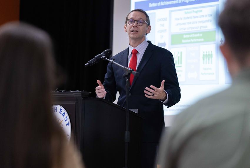 Texas Education Agency Commissioner Mike Morath speaks at Harmony Hills Elementary School in San Antonio on Friday, August 15, following the release of state-wide school accountability rankings were released and showing Harmony Hills jumped from a C to an A score in just one year.