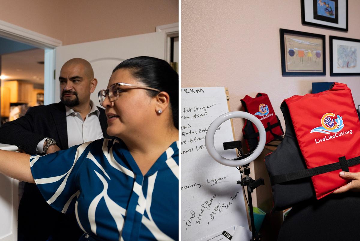 Left:As her husband John look on, Kori DelaPeña points to a photo of her late daughter, Cati, in her home office in Jonestown. Right: DelaPeña shows children’s lifejackets embroidered with “Live Like Cati,” the non-profit she founded in honor of her daughter.