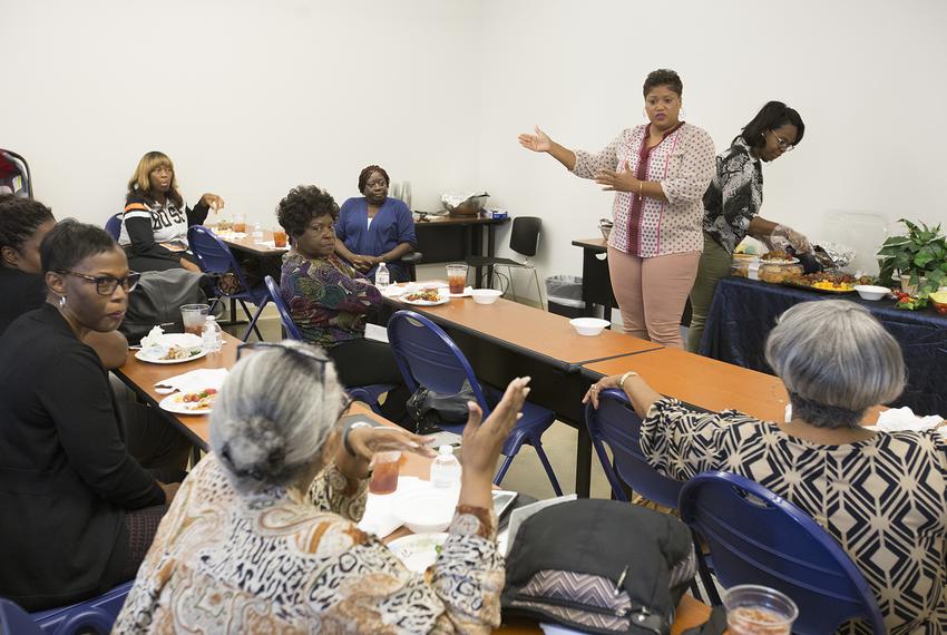 Veronica Whalon-Peters, director with Methodist children's home, speaks at a Grand Parents Support group meeting in Houston on Oct. 19, 2017.